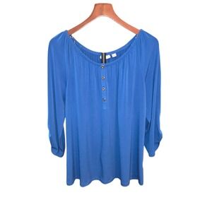 Susan Graver Liquid Knit Top Womens Large Blue 3/4 Tab Sleeve Henley Scoop Neck